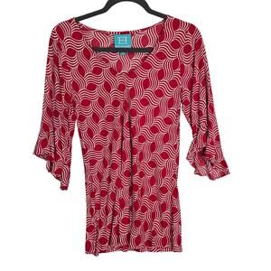 Escapada Red White Flutter Sleeve Tunic Top S Geo Print Casual Office Party Chic